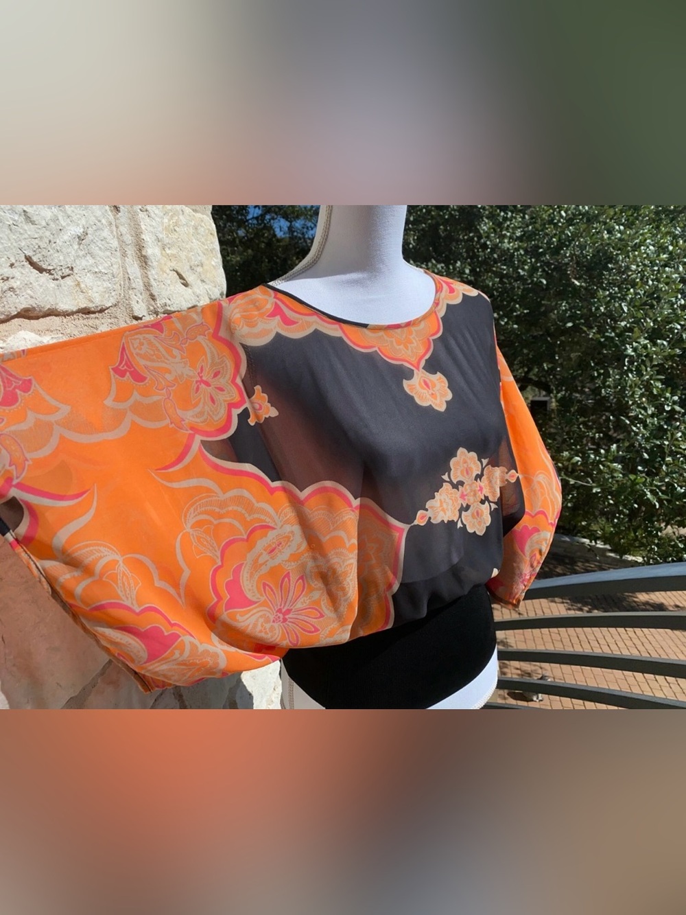 INC International Concepts Orange and Black Floral Sheer Blouse